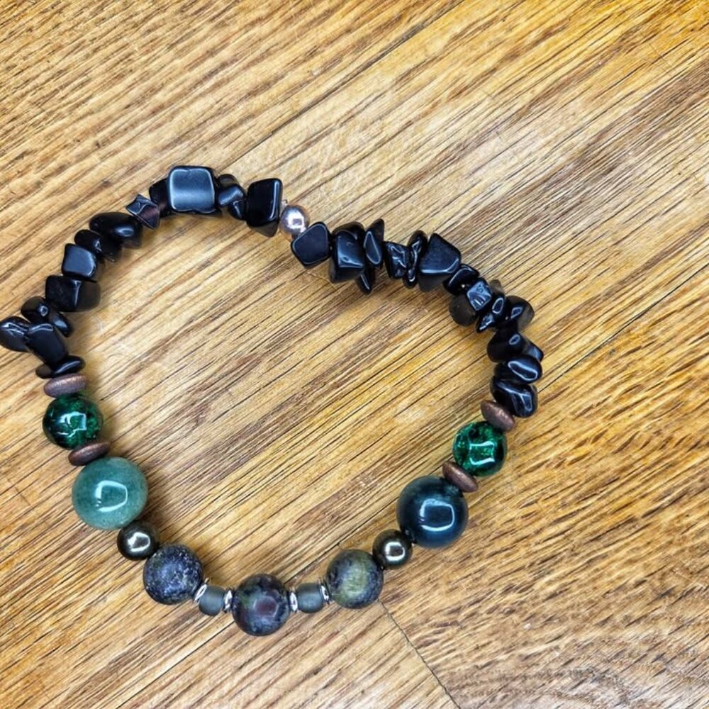 Fancy Jasper, Black Onyx & Dragon Blood Gemstone Beaded Stretch Bracelet